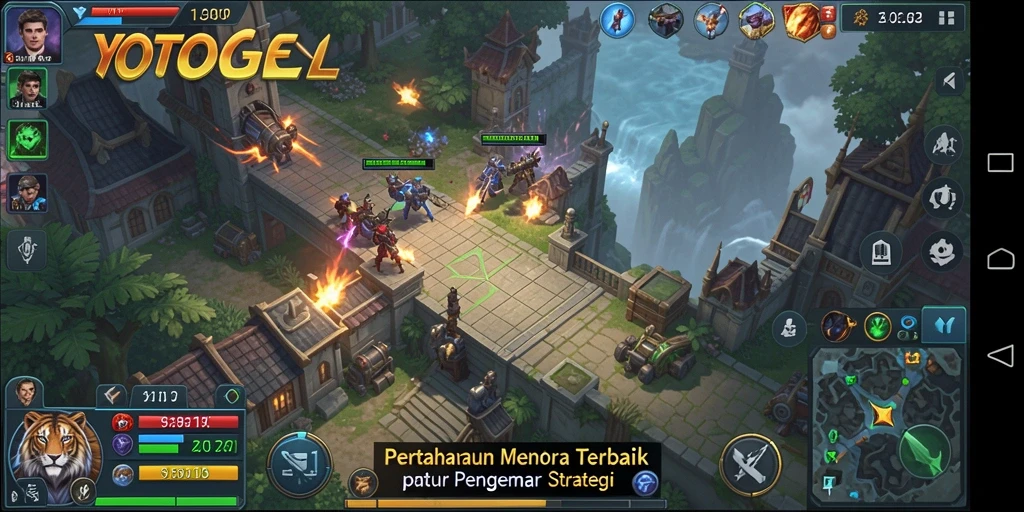 Tangkapan layar gameplay YOTOGEL dengan pertahanan menara aktif.