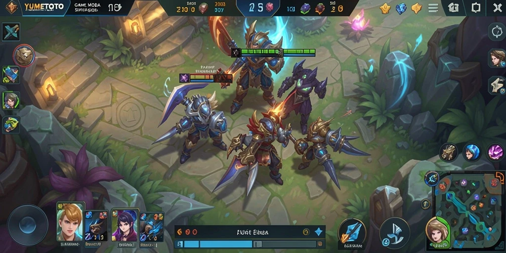 Screenshot gameplay YUMETOTO menampilkan aksi seru dalam pertempuran MOBA.